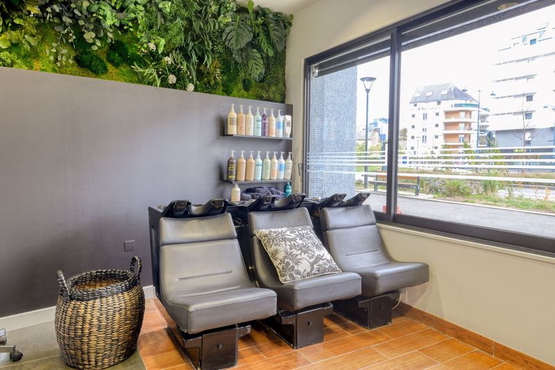 Les bacs à shampooing du salon sous le mur végétal